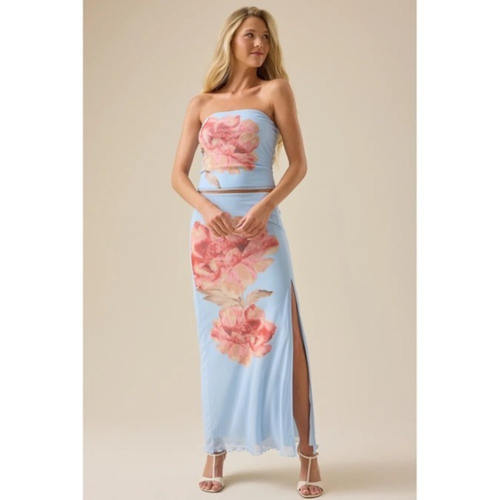 Altar'd State Blue Floral Mesh Maxi Skirt & Top Set Peony Print Set Size Medium